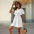 thumbnail image 6 of Womens Summer Solid Casual V-Neck Beach Dress Ruffle Short Sleeve Loose Dress White XL, 6 of 8