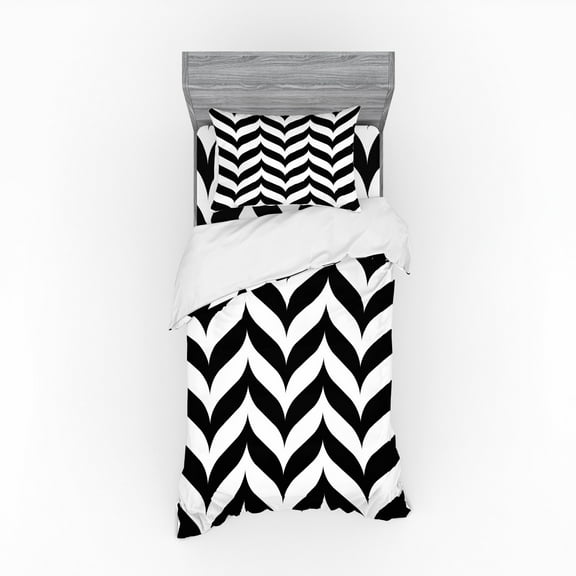 Ambesonne Modern Bedding Set 3 Pcs, Chevron Retro, Twin XL, Black White