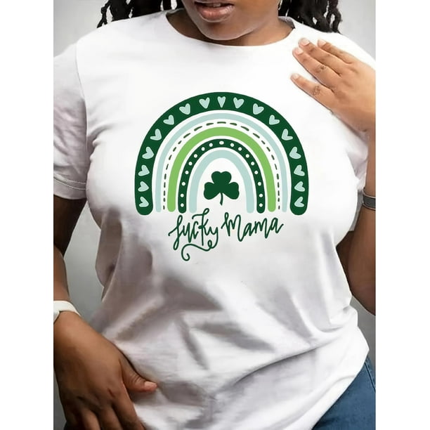 Camiseta básica para mujer de veranoLucky Mama" St. Patrick's Day Women's T-Shirt - White, Rainbow Bridge & Four-Leaf Clover Print, Round Neck, Short Sleeve, Spring/Summer Casual TopFather's Day, Mo