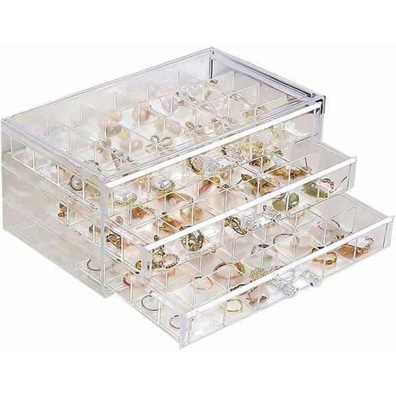 GIXUSIL Jewelry Organizer, 3-Drawer Acrylic Earring Box with 72 Small Compartments, Transparent Necklace & Ring Storage Display Case for Women and Girls