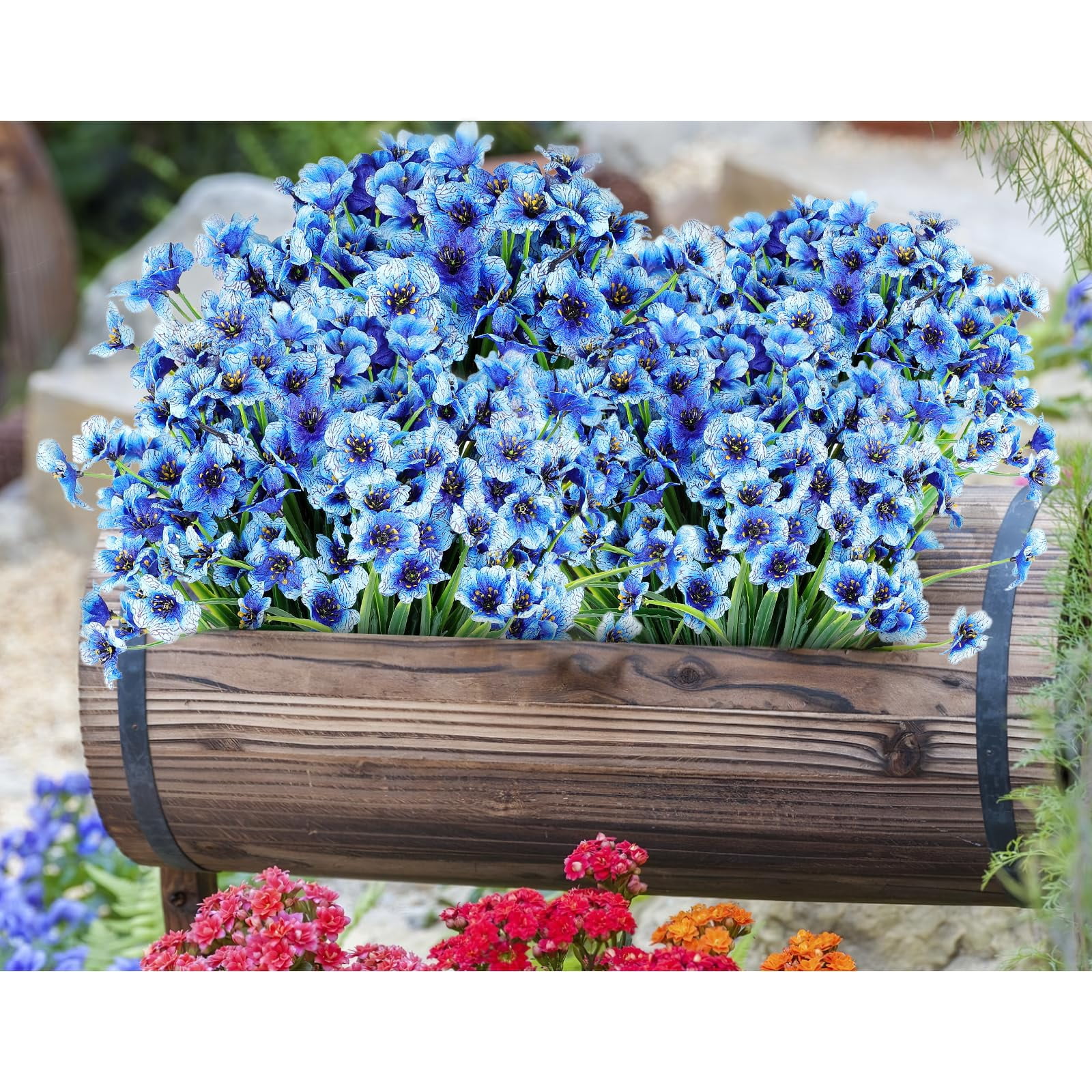 6 Bundles Artificial Silk Violet Flowers Realistic UV Resistant Outdoor Fake Plants for Indoor/Outside, Front Porch, Garden, Hanging Planter, Window Box Decoration (Blue)