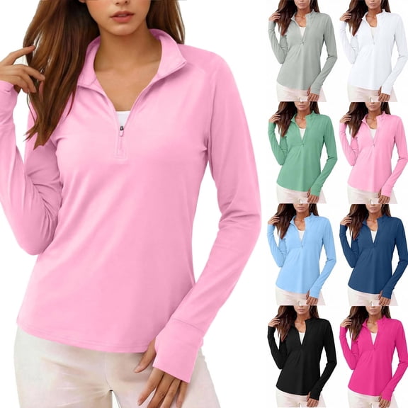 ssuyfkrb Upf Shirts for Women,Sunscreen Shirts Long Sleeve,,Quick Drying,Quarter Zip,Standing Collar,Mitten-Cuff,Pink,S