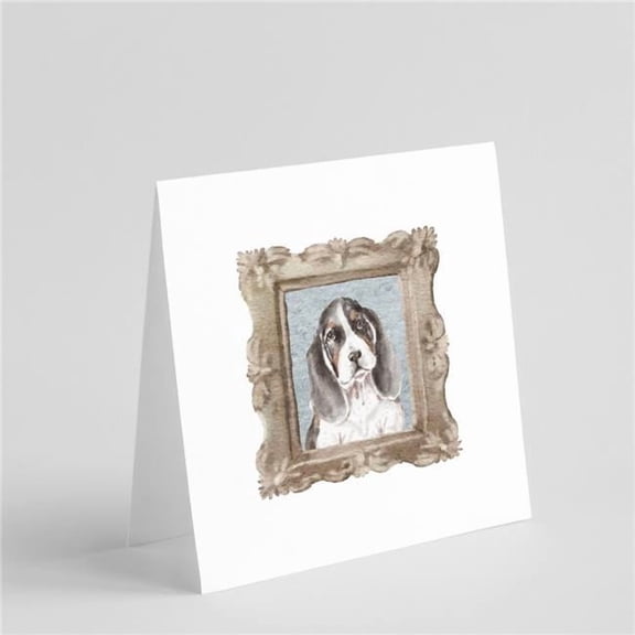Basset Hound Tricolor Front View Square Greeting Cards and Envelopes Pack of 8 5 in x 5 in