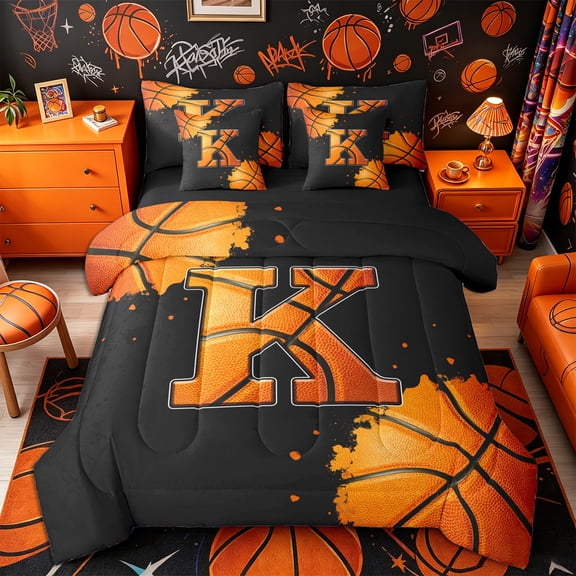 Castle Fairy Orange Basketball Initial K Twin Bedding 7-Piece, Abstract Watercolor Splash Bedding Comforter Set, Black Orange,Black Reversible