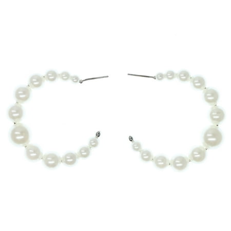 Silver-Tone Hoop Earrings Faux Pearl Bead Accents For Women TME319