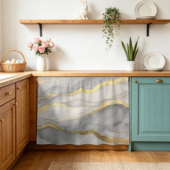 Marble Grey Small Sink Skirt 10"Wx11"L, Dustproof Under Sink Curtain with Self Adhesive Tape, Modern Gold Luxury Neutral Texture Cabinet Curtain Cover for Bathroom Vanity, Kitchen Storage Shelf, RV