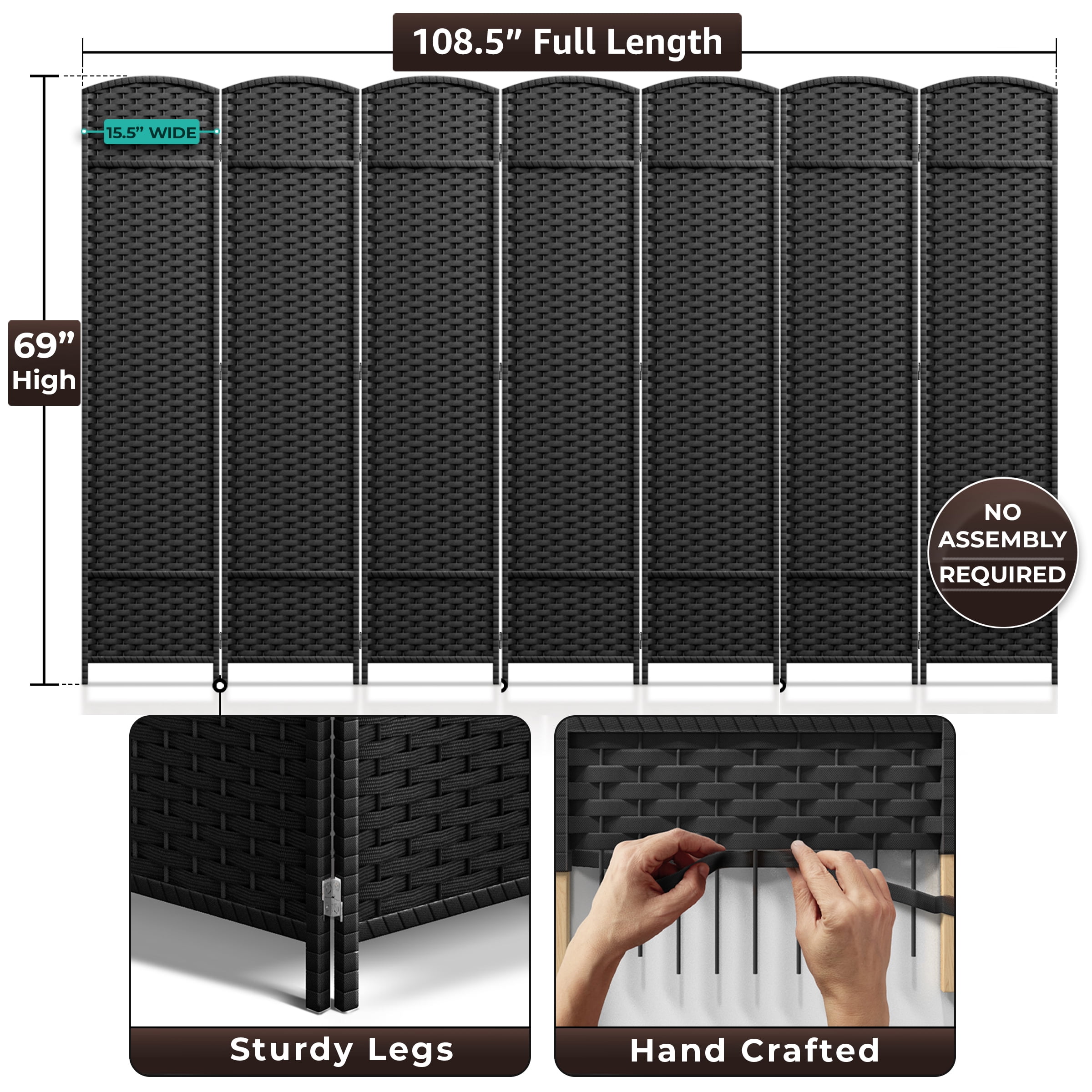 Sorbus 7-Panel Wide Folding Room Divider Privacy Screen, Hand-Woven Black Mesh