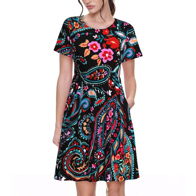 Fotbe Paisley Vestido Largo de Moda para Mujer, Vestido Tipo Camiseta con Manga Corta y Estilo Casual a Rayas y Bloques de Color