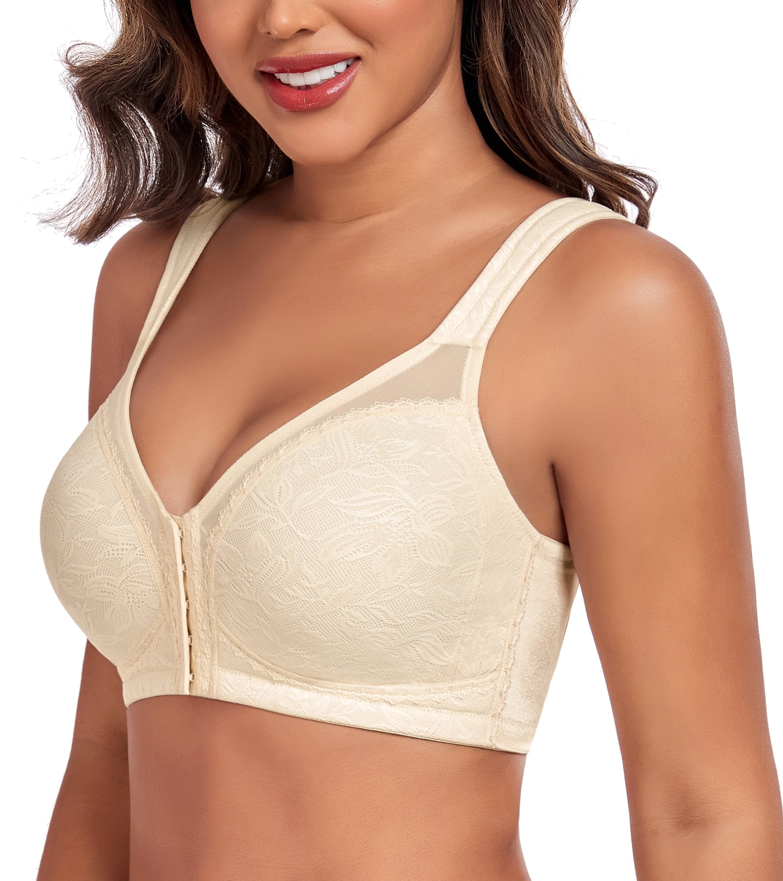 Exerin Women's Plus Size Front Closure Minimizer Bras Wireless Non Padded Comfort Back Support Bra(38G,Beige)