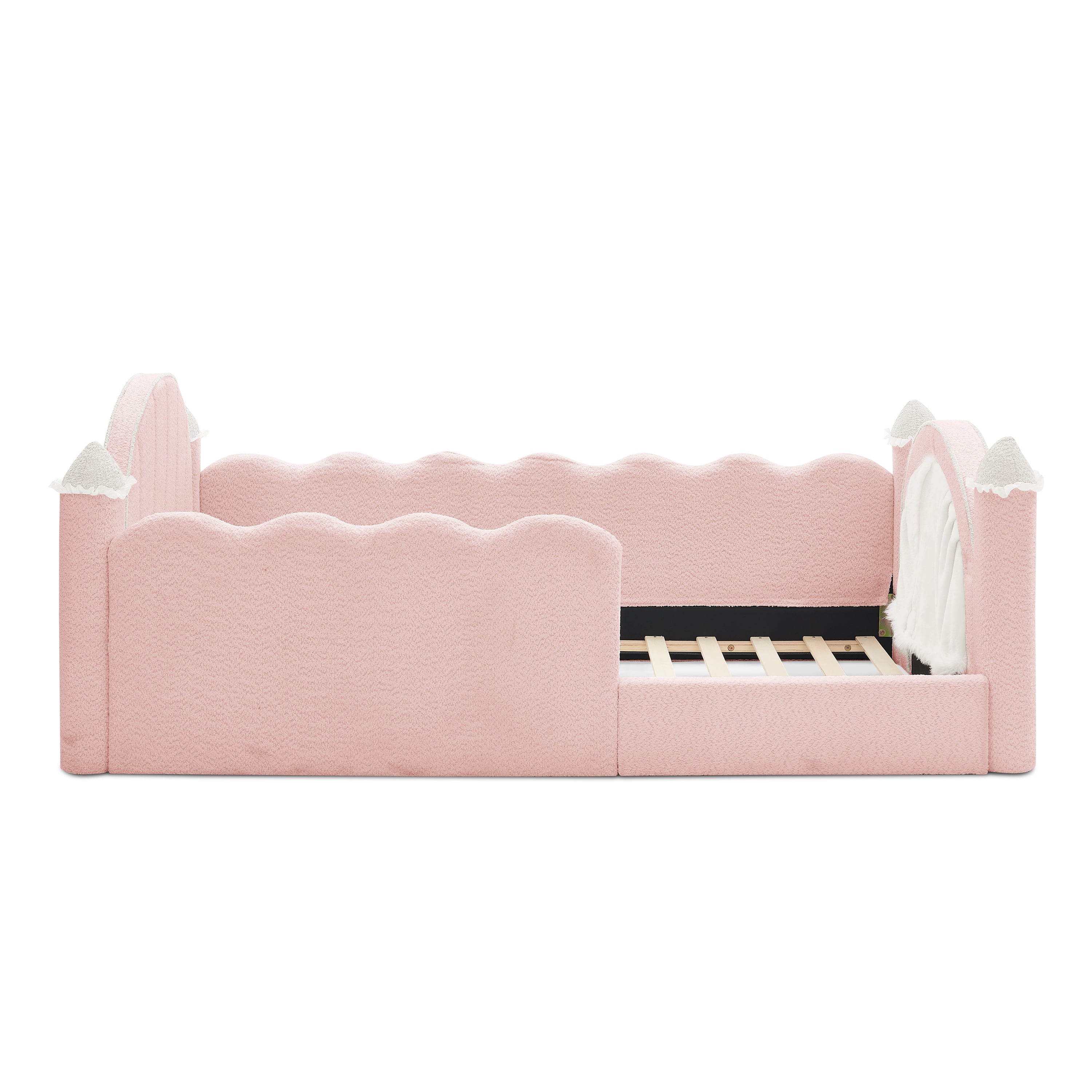 Twin Size Castle-Shaped Kids Floor Bed with Safety Guardrail, Low Profile Upholstered Platform Bed Frame with Small Curtain