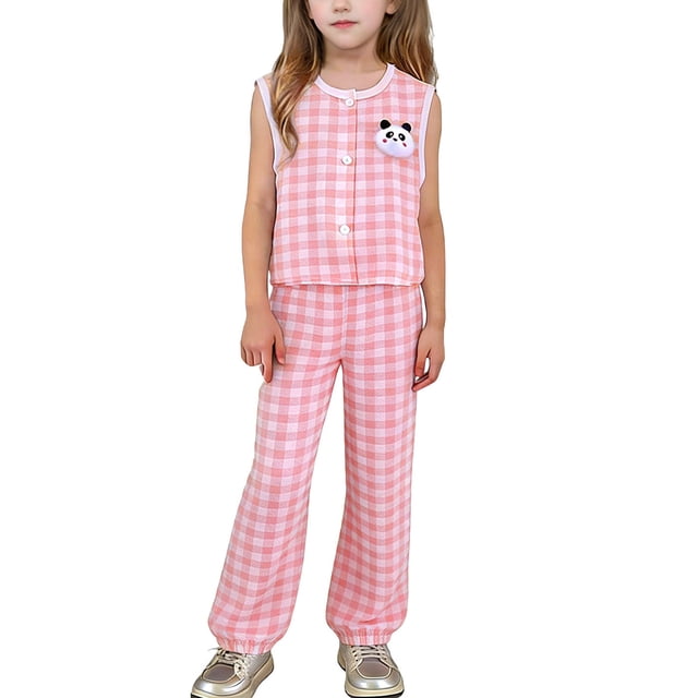 Zpanxa Ensembles pour Filles Cardigan Sans Manches Haut à Col Rond avec Pantalon Long Ensemble 2 Pcs Tenue Décontractée 6-7 Ans