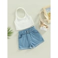 thumbnail image 3 of Franhais Toddler Kids Girls 2 Pieces Outfits, Solid Color Knitted Ribbed Halterneck Tank Tops + Elastic Waist Shorts with Belt Set, 3 of 8