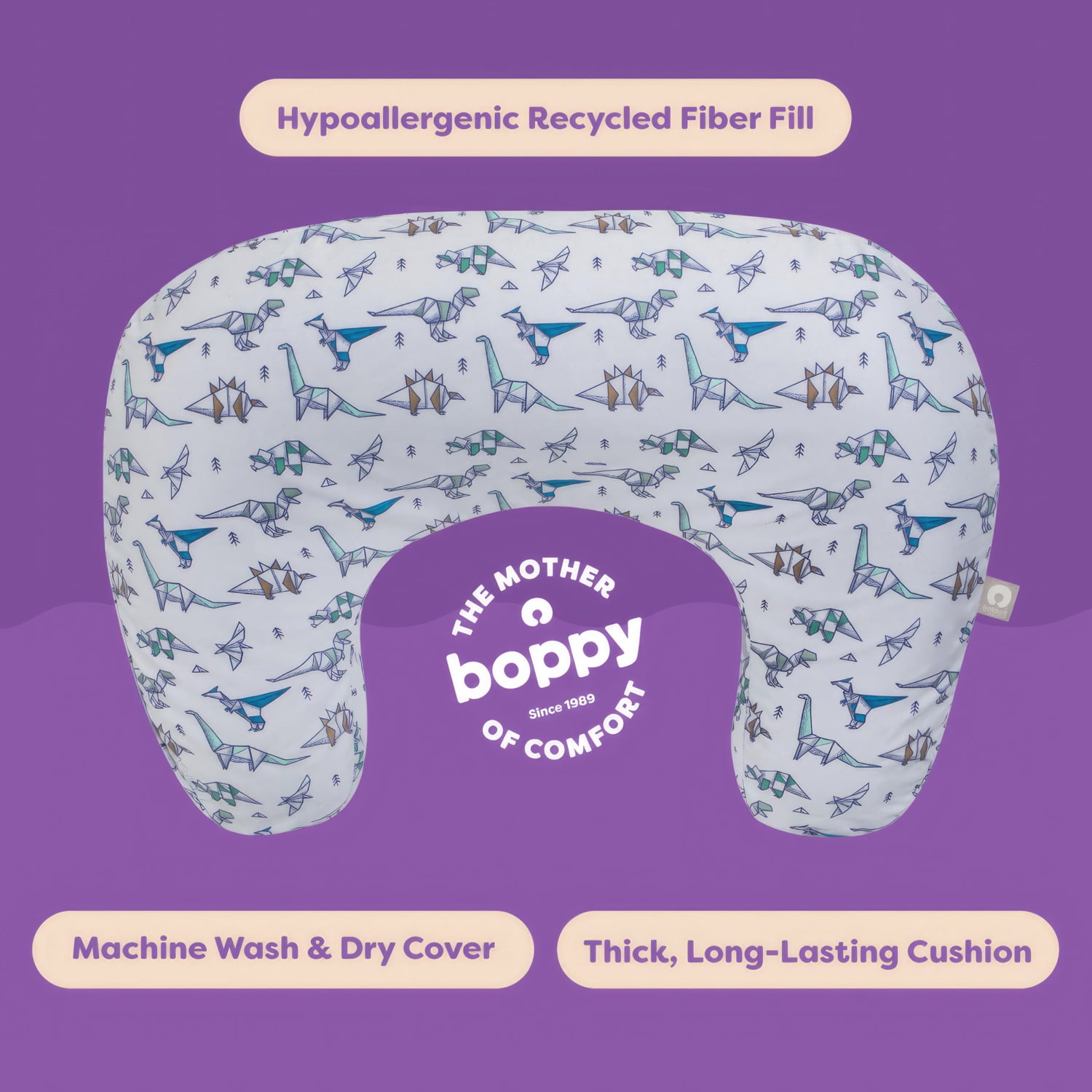 Boppy Nursing Pillow - Ergonomic Bottle & Breastfeeding Pillow with High, Firm, Large Area, Water-Repellant with Washable Cover;  Baby Safety Alliance Verified - Gray Geo Dinos