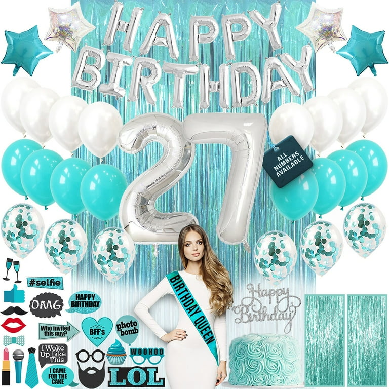 27th Teal Green Birthday Decoration for Women Party Supplies 27Bday Decorations Banner 27th Photo Props Cake Topper 27th Birthday Gifts