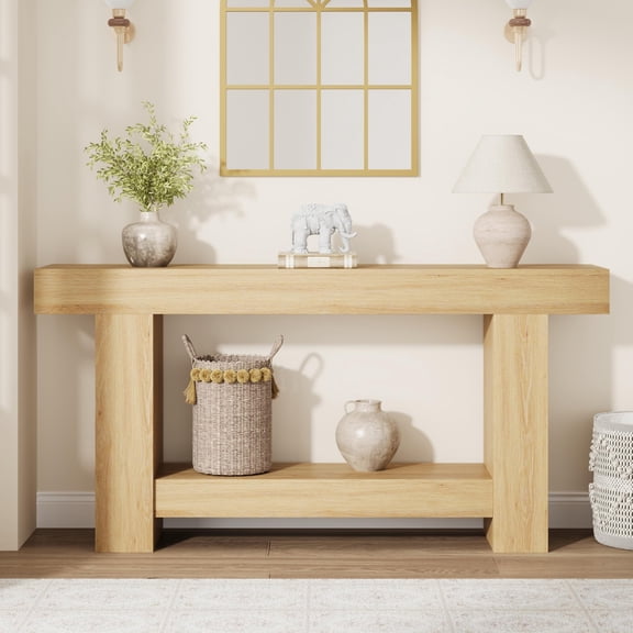 63" Farmhouse Console Table for Entryway, Long Accent Table with 2-Tier Storage Shelf – Rectangular Sofa Table Behind Couch for Living Room