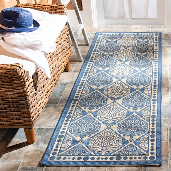 SAFAVIEH Courtyard Barrett Geometric Indoor/Outdoor Runner Rug, Blue/Ivory, 2'3" x 6'7"