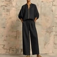 thumbnail image 6 of Zynoxe Two Piece Sets for Women With Pockets Trendy Zipper V Neck Puff Sleeve Top Elastic Waist Drawstring Wide Leg Pants Set Soft Breathable Lounge Set Versatile Solid Color Vacation Outfits 3XL, 6 of 8
