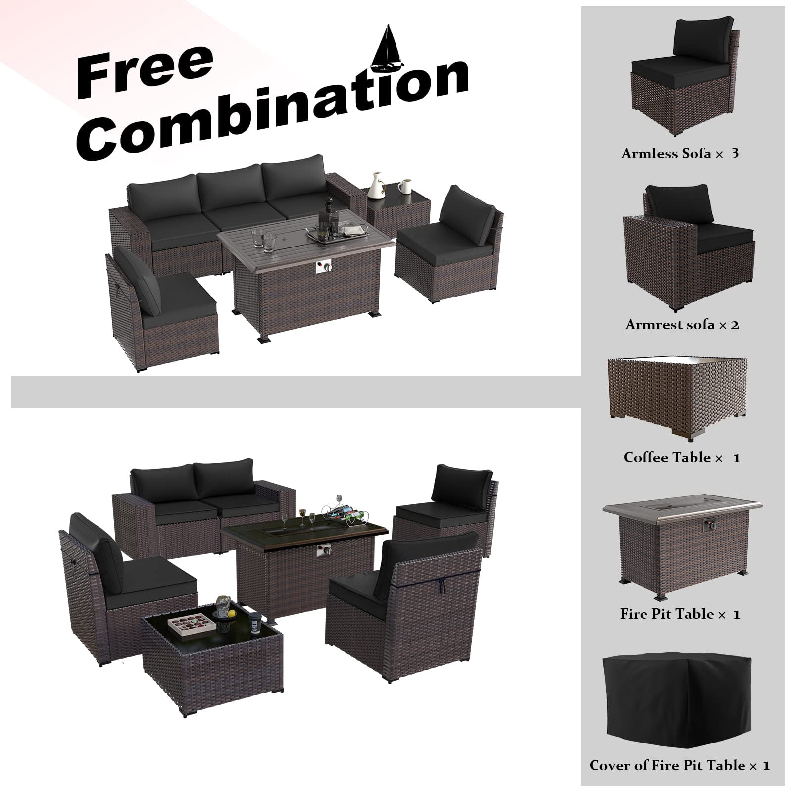 ALAULM 7-Piece Patio Conversation Set with Propane Fire Pit Table, Black