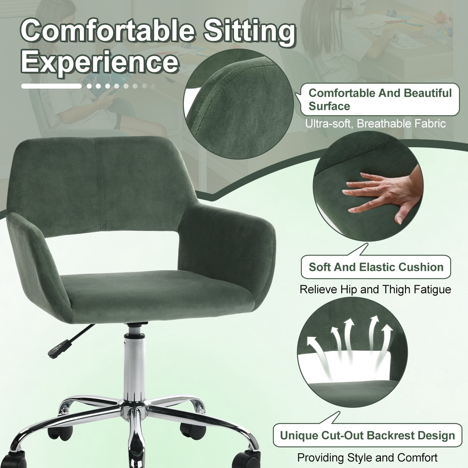 Homy Casa Kids Desk Chairs, Adjustable Height Swivel Children Study Office Computer Chair with Wheels for Home and School, Forest Green