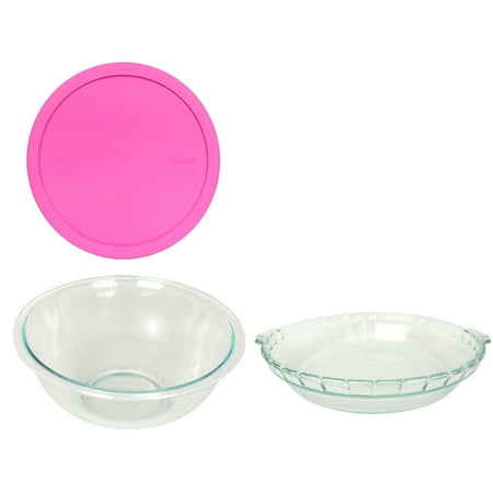 

Pyrex 325 2.5qt Glass Mixing Bowl 325-PC 2.5qt/2.3L Pink Lid & 24-CM Basics Glass Pie Plate
