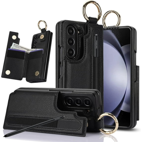 Phone Case for Samsung Galaxy Z Fold 6 5G 2024 Wallet Cover with S Pen SPen Slot Credit Card Holder Stand Slim Rugged Mobile Purse Ring Cell Accessories ZFold6 Z6 G Fold6 6Z Women Men Black