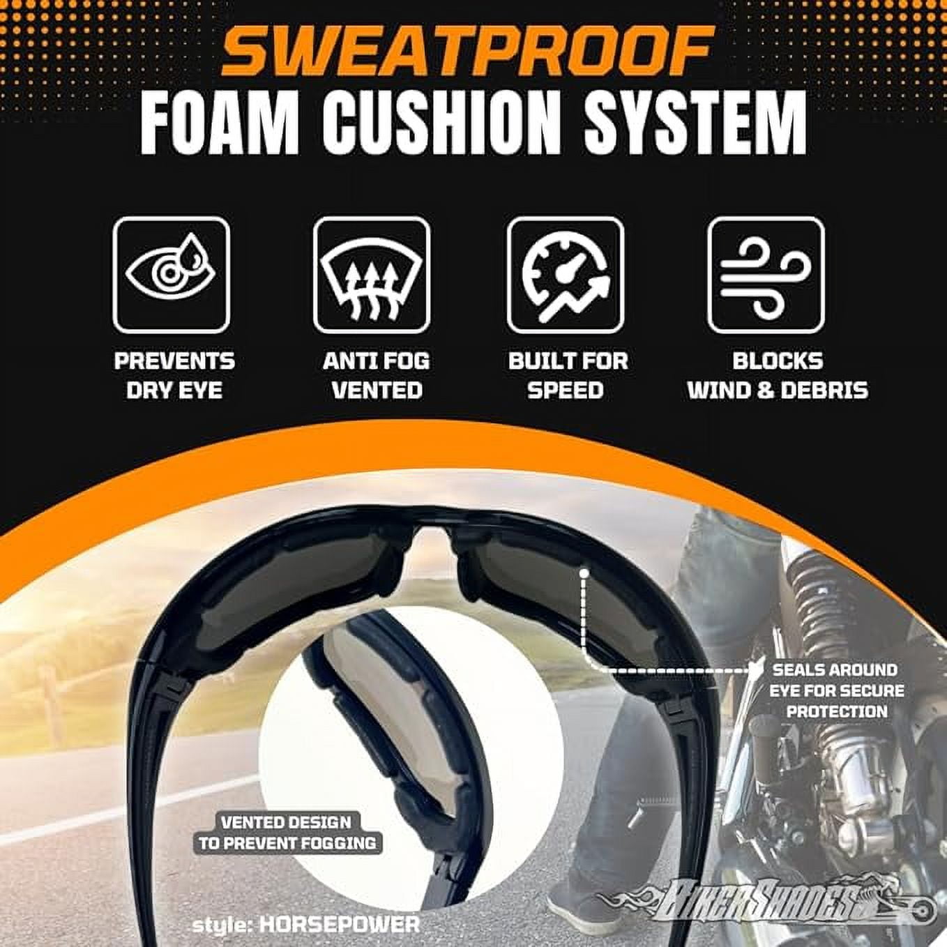 Bikershades Motorcycle Safety Sunglass Foam Padded Mens Windproof Dustproof Large Fit