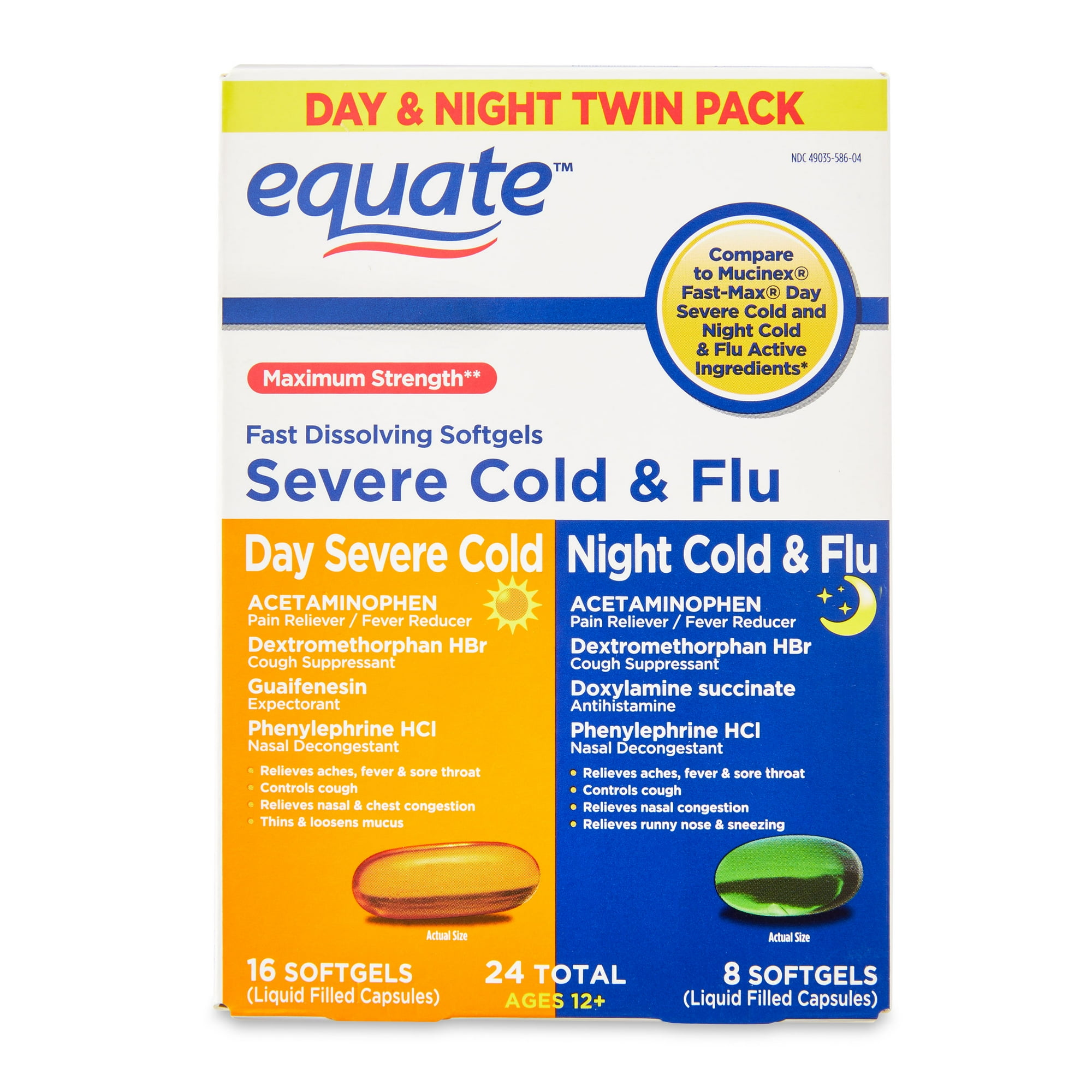 Equate Maximum Strength Daytime and Nighttime Severe Cold and Flu Relief Softgels, 24 Count