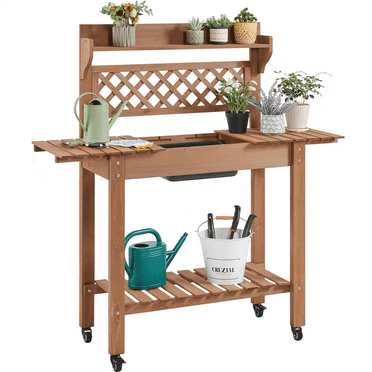 SmileMart Wooden Planting Potting Bench with Sliding Tabletop Open Storage Shelf, Wood