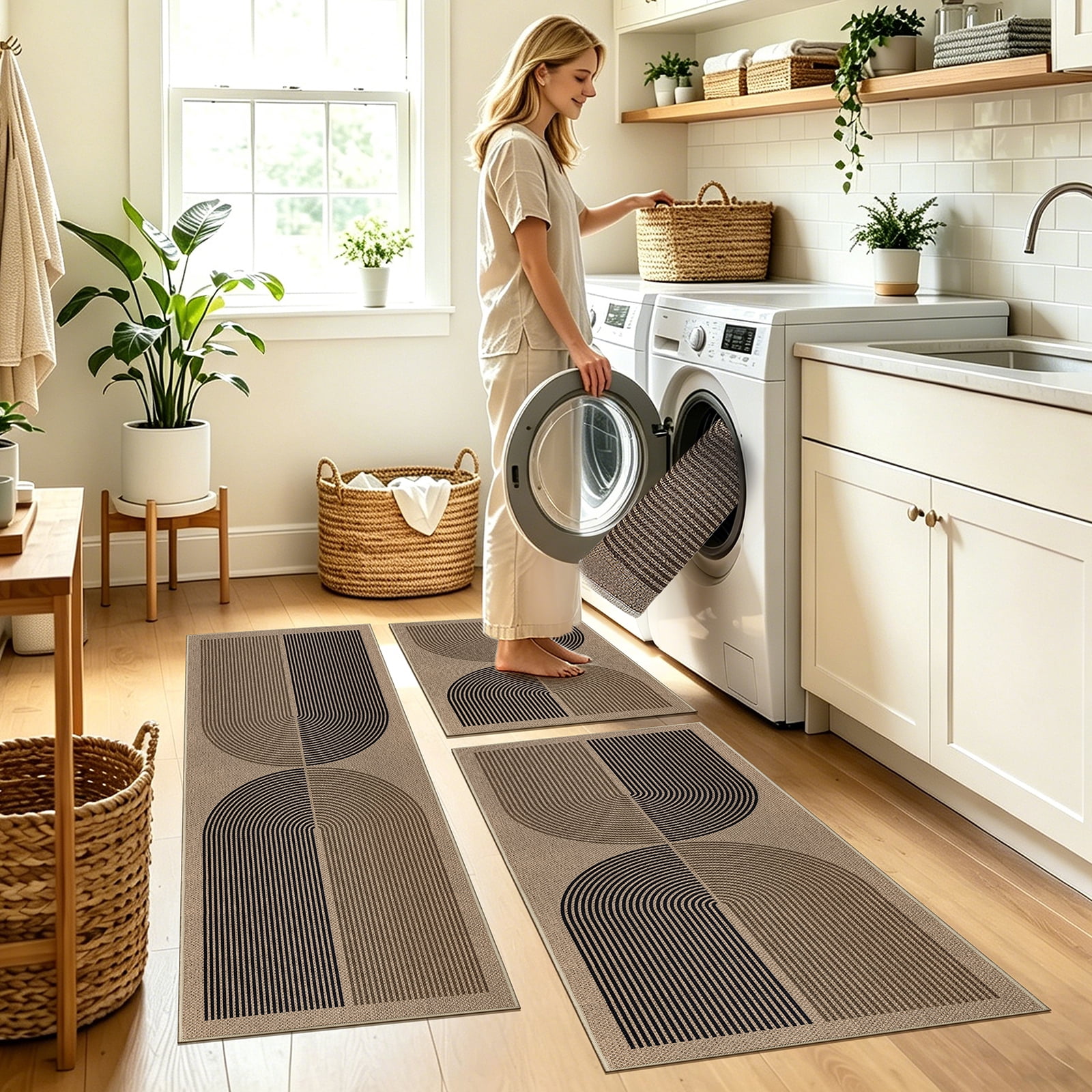 ORGOWEL Easy Jute Kitchen Rug Set of 3 Boho Modern Non-Slip Washable Floor Mat Carpet for Kitchen Sink Laundry Room Hallway, Black & Brown