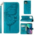 thumbnail image 1 of SaniMore Case for iPhone 14 Pro (6.1" 2022), PU Leather Skin with Luxury Embossed Butterfly [Wrist Strap & Card Slots & Flip Kickstand] Full-body Shockproof Business Wallet Cover, Blue, 1 of 9