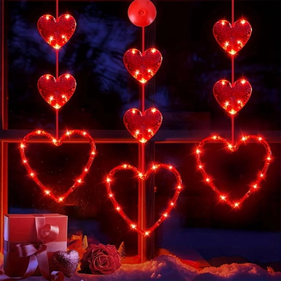 Outoloxit Red Heart LED Curtain Lights with Suction Cups, Battery-Powered Romantic Decoration for Valentine's Day Wedding Proposal Party Indoor Outdoor