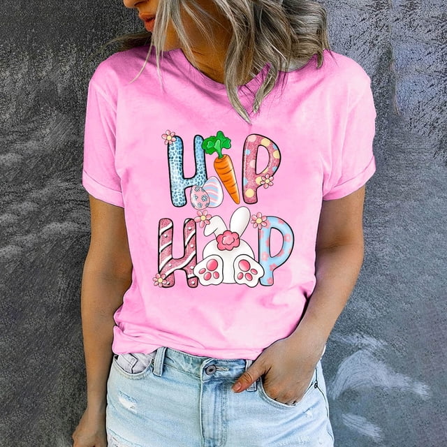 EGNMCR Chemises de Pâques pour Femmes Chemises Imprimé de Pâques T-shirt Col Rond Mode et Confortable Haut à Manches Courtes Col Rond/chemise T-Shirts pour Femmes