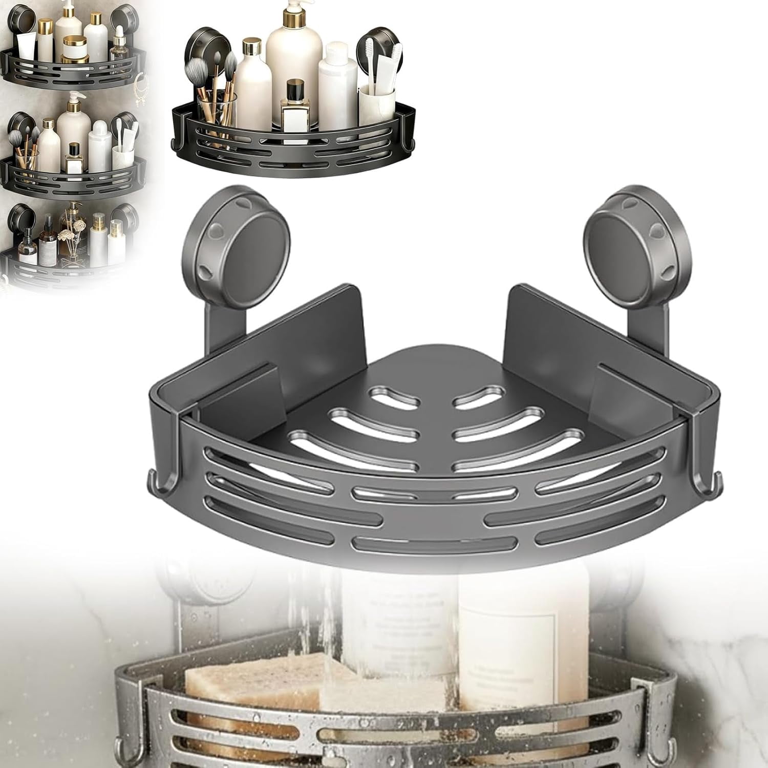 2 Pack Triangle Suction Cup Shower Caddy, Corner No Drill Bathroom Wall Mounted 2 Tier Organizer, Removable Heavy-Duty Strong Hold Bath Organizer Shelves, for Bathroom Hanging Storage (Black,2Pc)