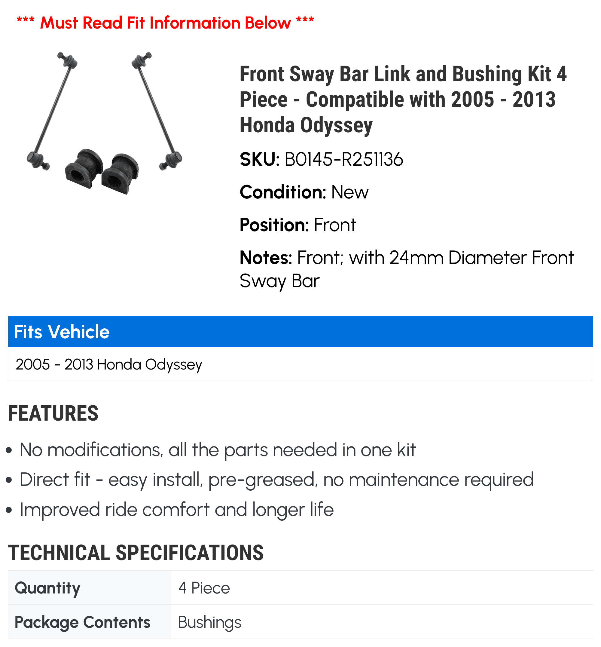 Front Sway Bar Link and Bushing Kit 4 Piece - Compatible with 2005 - 2013 Honda Odyssey 2006 2007 2008 2009 2010 2011 2012