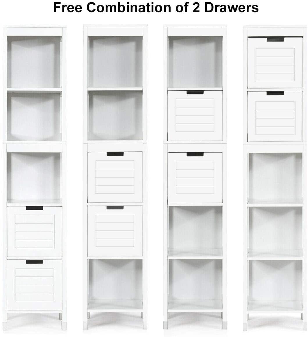 Giantex Adjustable Bathroom 3-Shelves and 2-Drawers Free Standing Cabinet, White