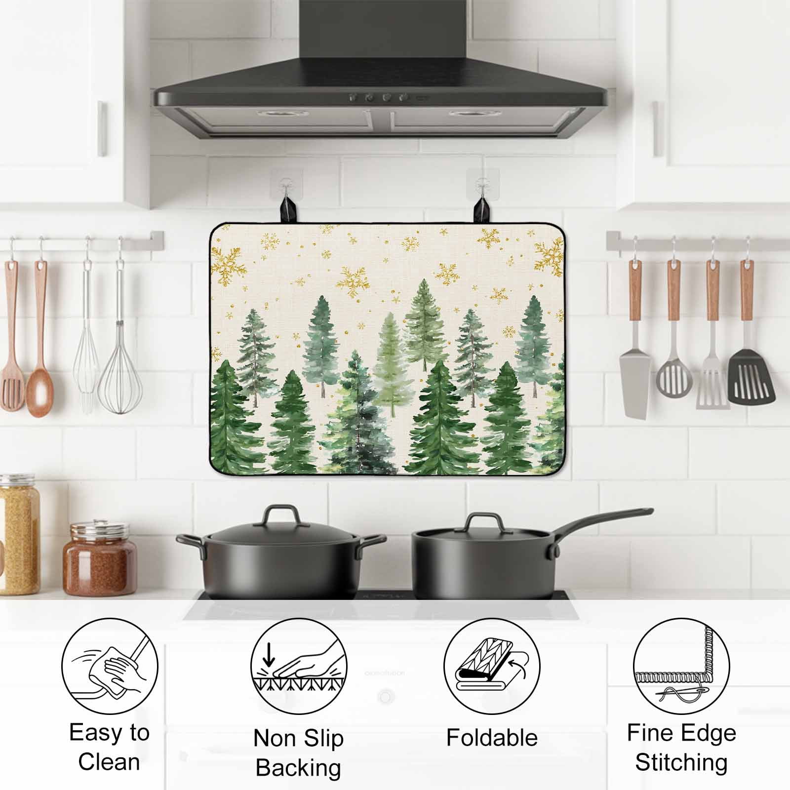 Rustic Christmas Tree Stove Top Cover for Electric Stove, Heat-proof & Non Slip Glass Top Stove Cover Protector, Winter Watercolor Gold Snowflakes Kitchen Flat Cooktop Rubber Mat 24x21 Inches