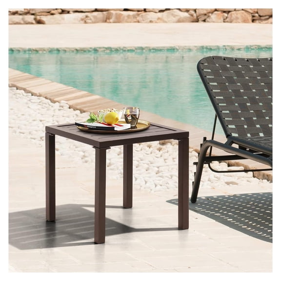 HeSLehs Indoor Outdoor Small Aluminum Square Side/End Table, Chaise Lounge Table, Patio Coffee Bistro Table, Brwon