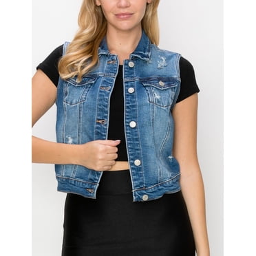 FashionMille Women's Buttoned Sleeveless Slim Fit Trucker Washed Distressed Jean Denim Vest Jacket