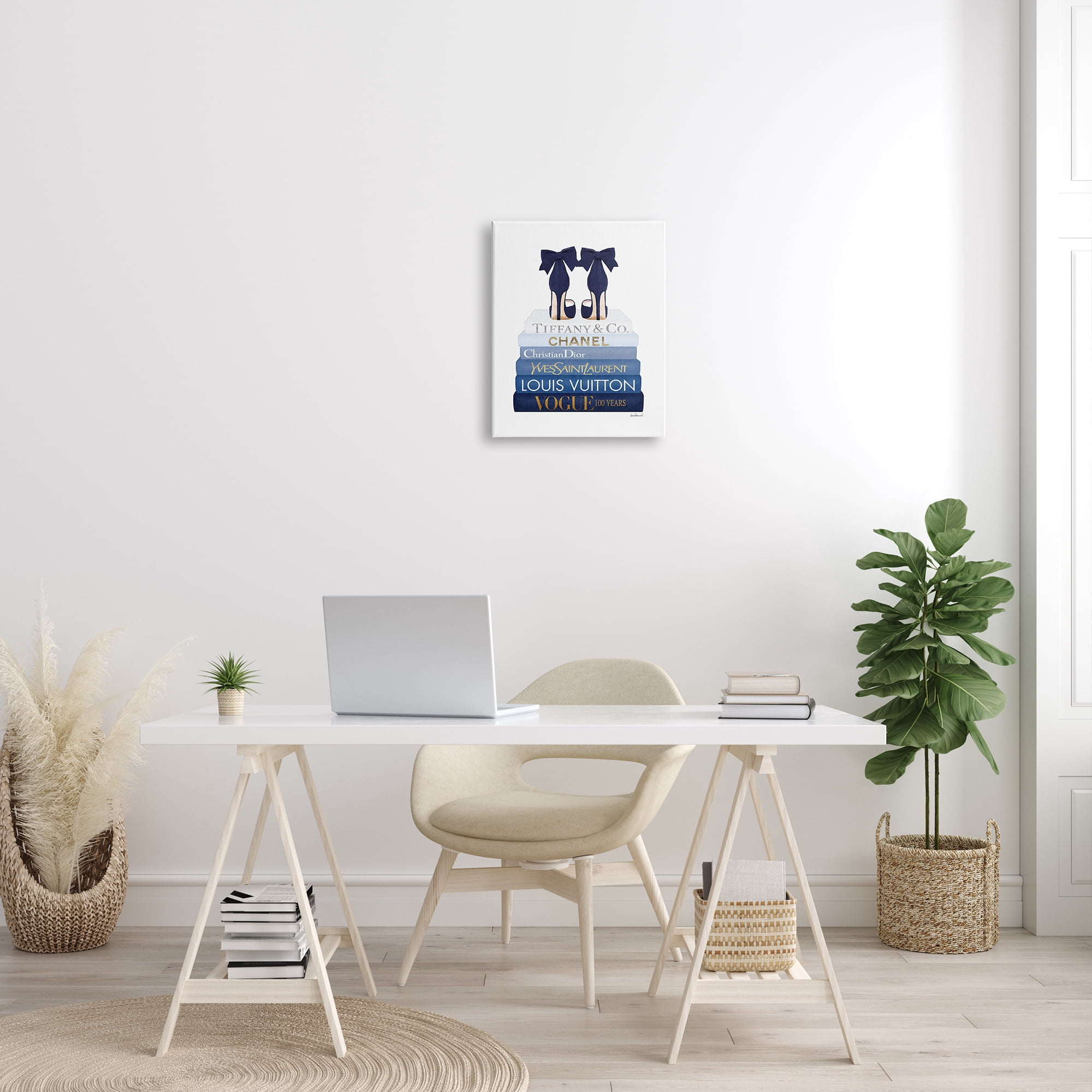 Design by Amanda Greenwood Navy Blue Bow Heels Chic Glam Bookstack 16 in x 20 in Painting Canvas Art Print, by Stupell Home Décor
