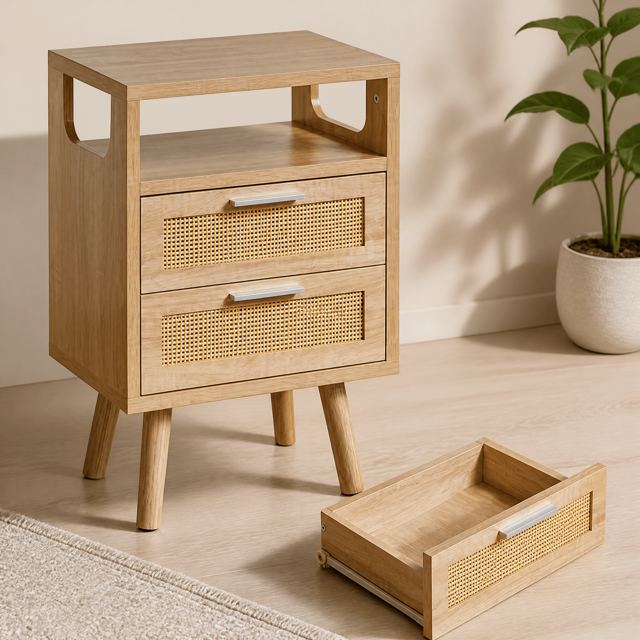 Set of 2 Modern Natural Wood Nightstands with 2 Drawers Each, Rattan Design Bedside End Tables with Black Gold Handles, P2 HDF Storage Nightstand for Bedroom Guest Room