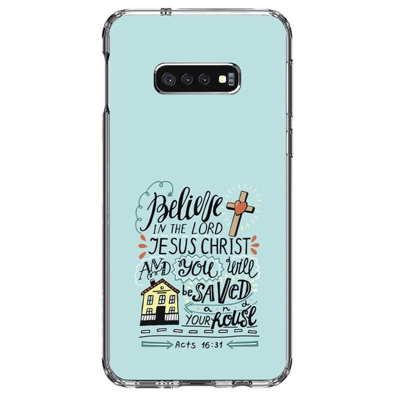 DistinctInk Clear Shockproof Hybrid Case for Samsung Galaxy S10e (5.8" Screen) - TPU Bumper, Acrylic Back, Tempered Glass Screen Protector - Acts 16:31 - Believe in the Lord Jesus Christ
