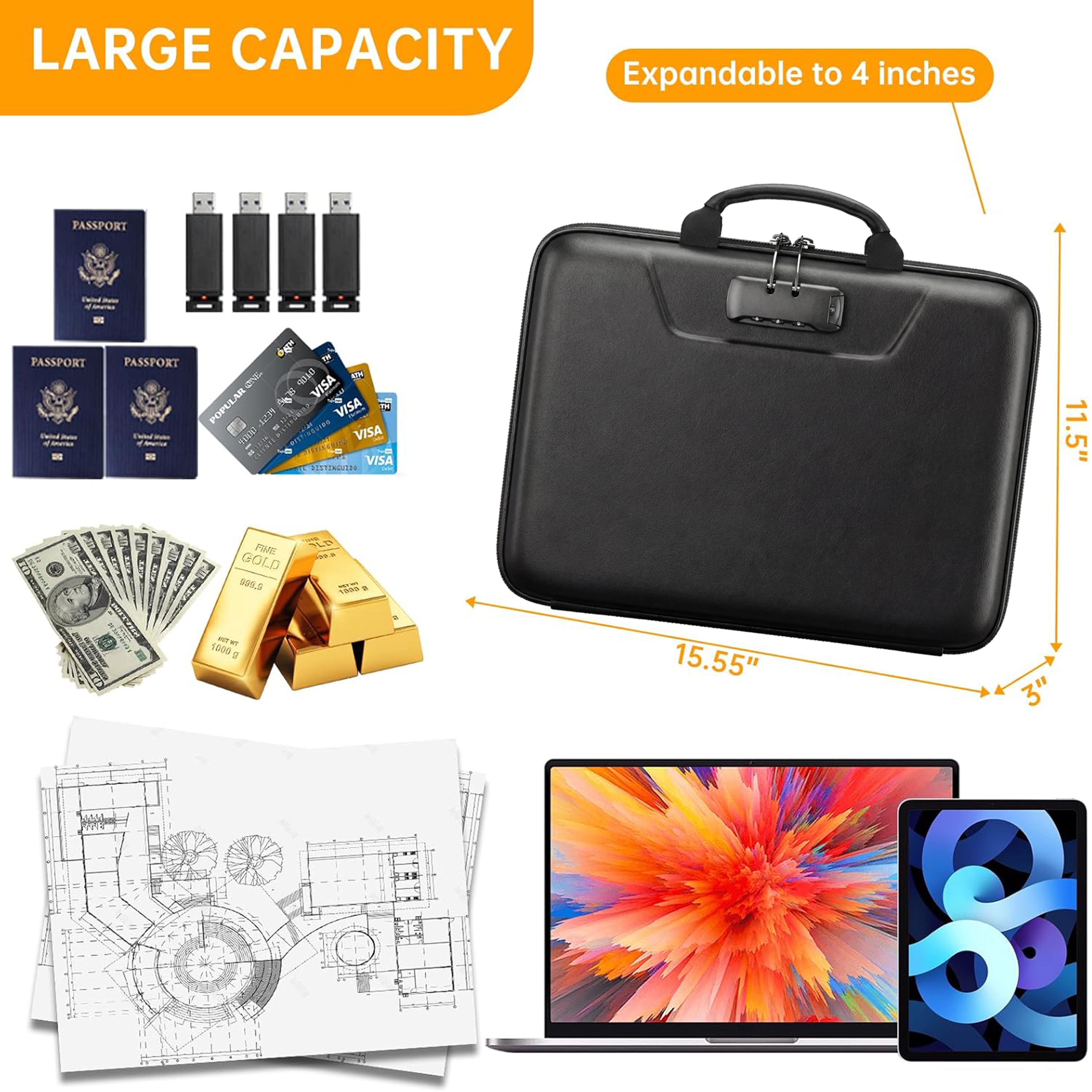 Fireproof Document Box with Lock, Hard Case Fire & Water Resistant File Organizer with 13 Pocket Accordion File Folder, Portable Home Office Safe Box for Important Documents Laptop Black