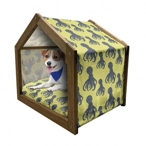 Octopus Pet House, Hand Drawn Abstract Marine Underwater Animals on Yellow Background, Outdoor & Indoor Portable Dog Kennel with Pillow and Cover, 5 Sizes, Pale Yellow Cadet Blue, by Ambesonne