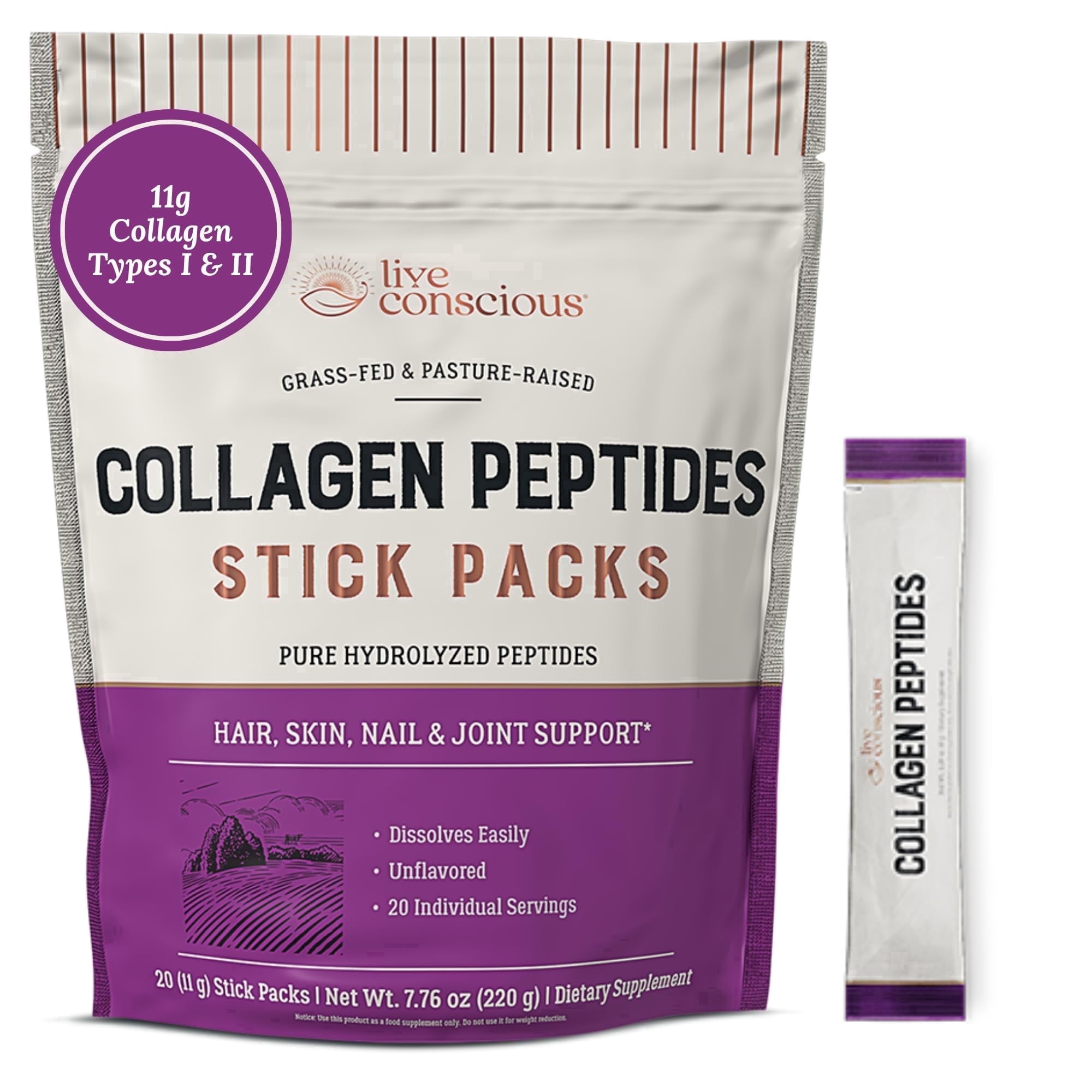 Live Conscious Collagen Peptides Stick Packs with Biotin & Vitamin C, Unflavored, Grass-Fed Types I & III, Skin, Hair, Nails & Joint Support, 20 Count