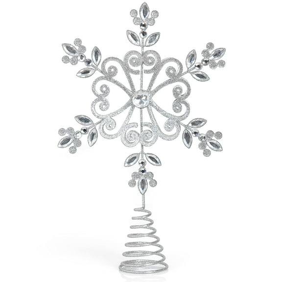 Ornativity Flower Snowflake Tree Topper  Silver Glitter Intricate Designed Floral Snowflake Shaped Ornament with Sparkling Gem Detailed Christmas Star Tree Top Decorations