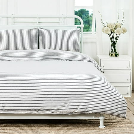 Cotton Comforters Queen PURE ERA Duvet Cover Set - Ultra Soft Heather Jersey Knit Cotton Home Beddings Wide Pinstripes White & Black Queen Size, 1 Comforter Cover and 2 Pillow Shams, Model # PE-17WB-Q ()