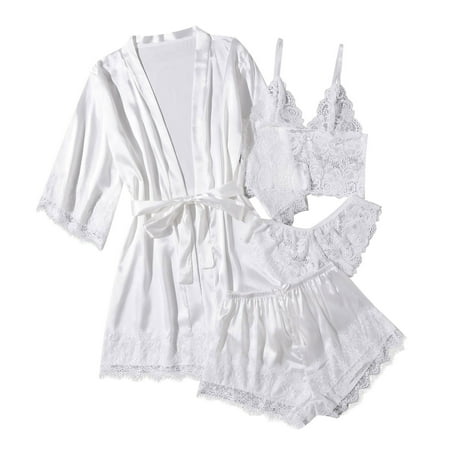 

FRSASU Plus size Clearance Women Plus Size Lingerie Silk Robe Satin Bathrobe Four-piece Set Sleepwear Pajamas White 6(M)