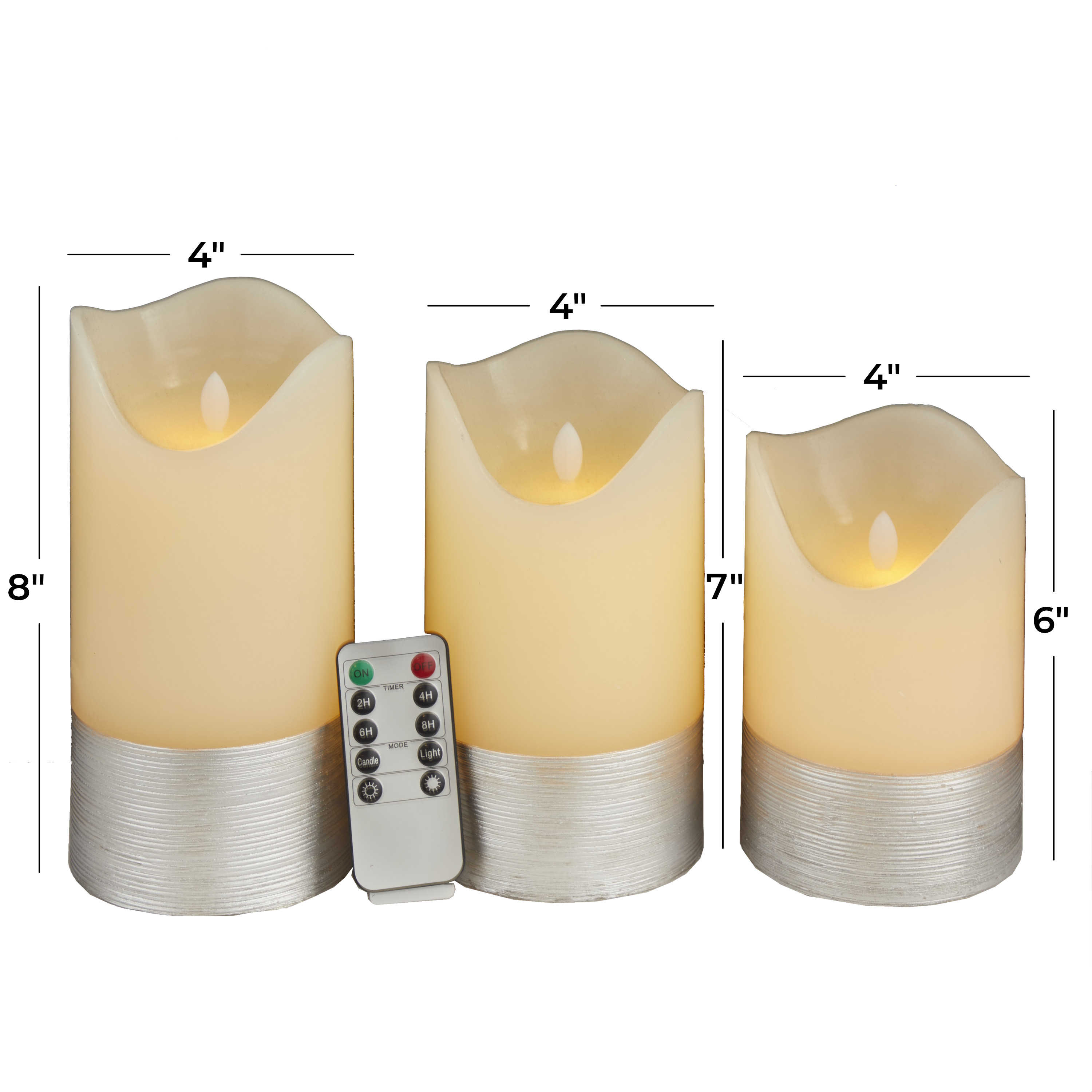 DecMode 8", 7", 6"H Silver Base Unscented Wax  Flameless Candle with Remote Control (Set of 3)