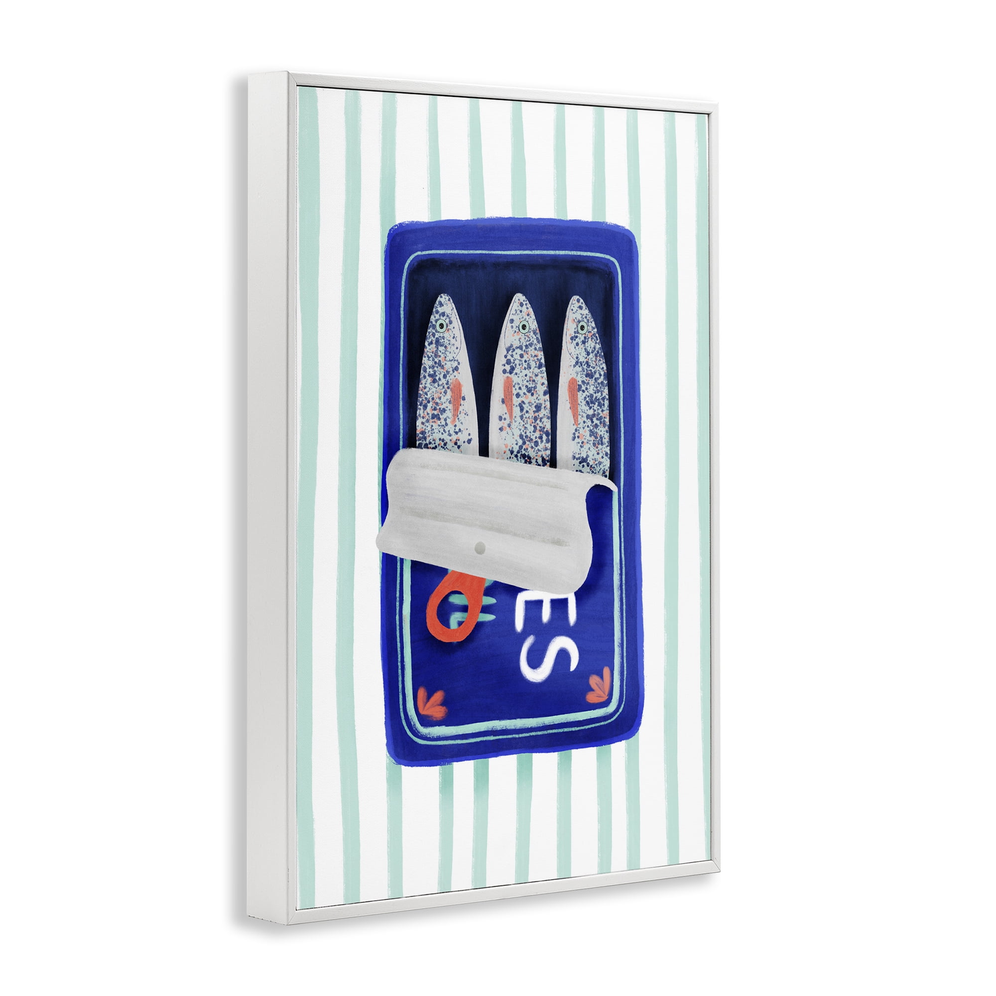 Stupell Industries Blue Sardines on Stripes White Framed Giclee Art, design by Metka Hiti