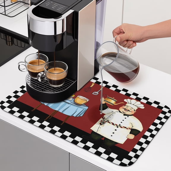 Chef Dish Drying Mats for Kitchen Counter, Red Kitchen Dessert Food Black White Plaid Absorbent Coffee Bar Mat with Non-slip Rubber Backed Quick Drying Dish Rack Pad 12"x16"